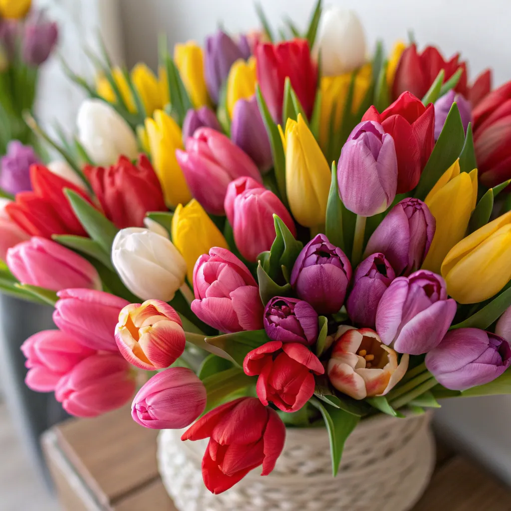 A beautiful arrangement of colored tulips
